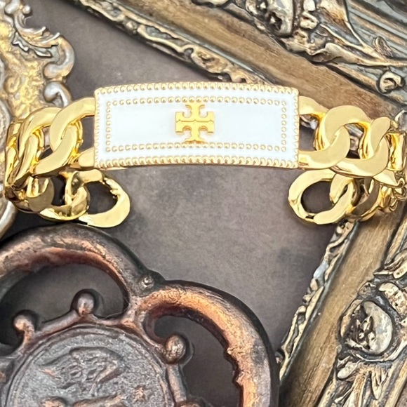 TORY BURCH • White Milgrain Logo Cuff Bracelet - Picture 7 of 7